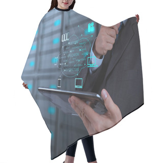 Personality  Businessman Working With A Cloud Computing Diagram On The New Co Hair Cutting Cape