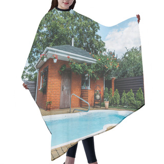 Personality  Wooden Country House With Swimming Pool Near By, Trees And Cloudy Sky Hair Cutting Cape