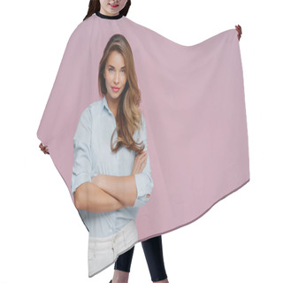 Personality  Half Length Shot Of Pleasant Looking Female Model Wears Shirt And White Jeans, Keeps Arms Folded Looks Confidently At Camera, Has Long Hair, Poses Against Purple Background, Blank Space For Promo Hair Cutting Cape
