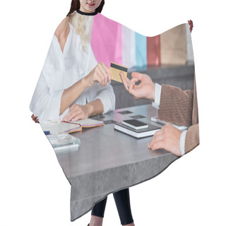 Personality  Cropped Shot Of Customer Giving Credit Card To Seller In Shop Hair Cutting Cape