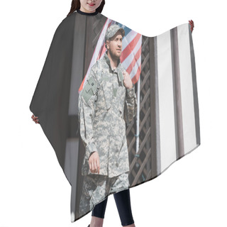 Personality  Confident Military Man Looking Away While Standing Near House And American Flag Hair Cutting Cape