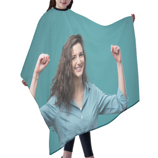 Personality  Cheerful Woman With Raised Fists Hair Cutting Cape