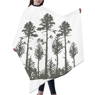 Personality  Tree Outdoor Travel Black Silhouette Coniferous Natural Badge, Tops Pine Spruce Branch Cedar And Plant Leaf Abstract Stem Drawing Vector Illustration. Hair Cutting Cape