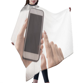 Personality  Woman Holding Smartphone With Blank Screen Hair Cutting Cape