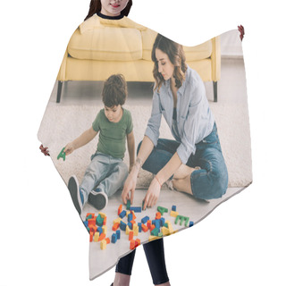 Personality  Mother And Son Playing With Toy Blocks On Carpet Hair Cutting Cape