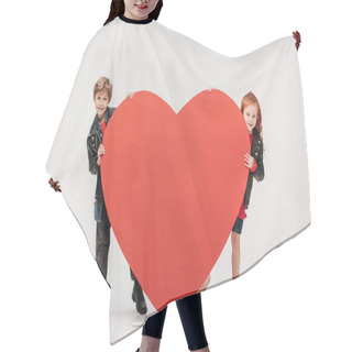 Personality  Funny Little Kids Couple Hiding Behind Large Red Heart Isolated On Grey Hair Cutting Cape