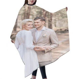 Personality  Just Married Couple In Formal Wear Embracing In Forest Hair Cutting Cape