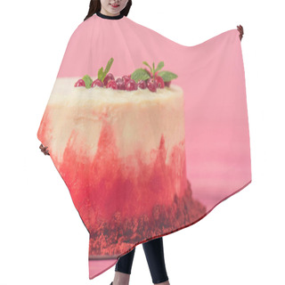 Personality  White Cake With Decorated With Red Currants And Mint Leaves Isolated On Pink Hair Cutting Cape
