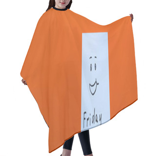 Personality  Top View Of Cheerful Emoticon Near Friday Lettering On Sticky Note On Red Background, Banner Hair Cutting Cape