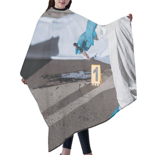 Personality  Partial View Of Criminologist In Latex Gloves And Protective Suit Holding Knife Above Blood On Ground Near Corpse In Body Bag At Crime Scene  Hair Cutting Cape