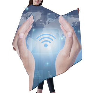 Personality  Hand Showing Wifi Icon Symbol On Screen. Business Concept Hair Cutting Cape