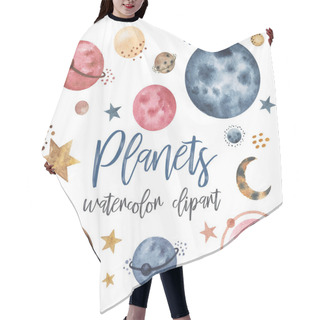 Personality  Space Planets Clipart Watercolor, Watercolor Galaxy Set. Cosmos, Cosmic Planets Clip Art, Outer Space, Stars, Comet, Moon Isolated. Stylized Retro Planets Set. Stock Illustration. Vintage Planets Illustration Isolated Hair Cutting Cape