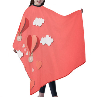 Personality  Top View Of Paper Heart Shaped Air Balloons In Clouds On Red Background Hair Cutting Cape