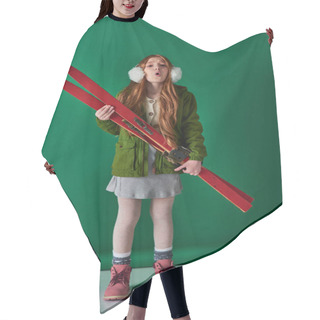 Personality  Cold Air, Preteen Girl In Ear Muffs And Winter Outfit Breathing And Holding Red Skis On Turquoise Hair Cutting Cape