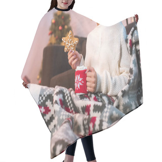 Personality  Woman In Blanked Holding Christmas Gingerbread Cookie And Cup With Hot Cocoa Hair Cutting Cape