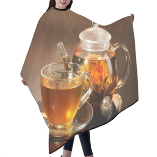 Personality  Glass Teapot And Cup With Exotic Green Tea On Wooden Table On Brown Backgro Hair Cutting Cape