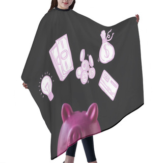 Personality  Pink Piggy Bank Near Light Bulb, Cash And Money Bag On Black  Hair Cutting Cape