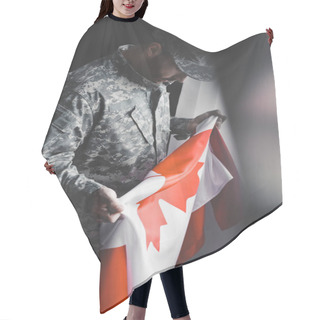 Personality  Selective Focus Of Depressed Man In Military Uniform Holding Canada National Flag  Hair Cutting Cape