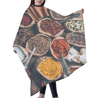 Personality  Top View Of Turmeric, Seeds And Caraway In Paper Bags On Table Hair Cutting Cape
