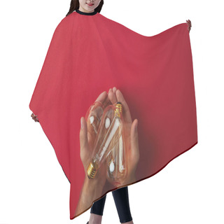Personality  Cropped Shot Of Man Holding Vintage Incandescent Lamps On Red Tabletop Hair Cutting Cape
