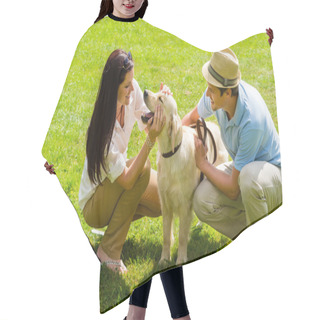 Personality  Young Happy Couple Playing With Labrador Dog Hair Cutting Cape
