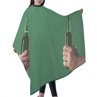 Personality  Cropped View Of Men Holding Beer Bottles Isolated On Green With Copy Space, St Patrick Day Concept Hair Cutting Cape