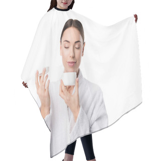 Personality  Woman In Bathrobe With Eyes Closed Smelling Aroma Of Face Cream Isolated On White Hair Cutting Cape