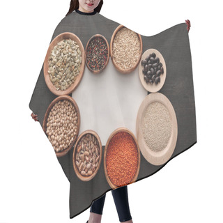 Personality  Top View Of Blank White Paper Near Wooden Plates And Bowls With Beans, Cereals, Spice And Pumpkin Seeds On Dark Wooden Table Hair Cutting Cape