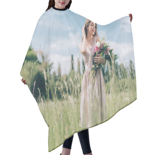 Personality  Portrait Of Beautiful Young Woman Holding Bouquet Of Flowers While Standing In Field Alone Hair Cutting Cape