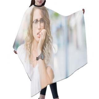 Personality  Beautiful Young Blonde Woman Wearing Glasses Over Isolated Background Looking Stressed And Nervous With Hands On Mouth Biting Nails. Anxiety Problem. Hair Cutting Cape