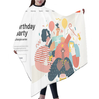 Personality  Lifestyle Web Template - Birthday Party - Modern Flat Vector Illustration Of Men And Women Celebrating Birthday, Giving Presents. People Activities Concept Hair Cutting Cape