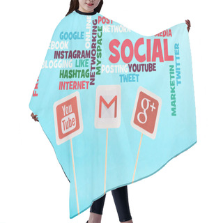Personality  Social Media Words And Cards With Youtube, Gmail And Google Plus Logo Isolated On Blue Hair Cutting Cape
