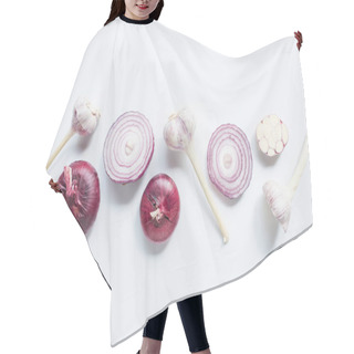 Personality  Top View Of Cut And Whole Red Onion And Garlic On White Background Hair Cutting Cape