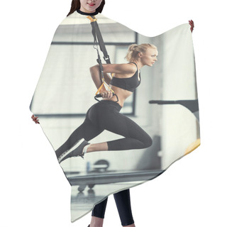 Personality  Blonde Fitness Woman Training With Trx Fitness Straps Hair Cutting Cape