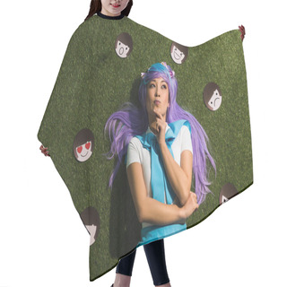Personality  Pensive Asian Anime Girl In Purple Wig With Emoticons Lying On Grass Hair Cutting Cape
