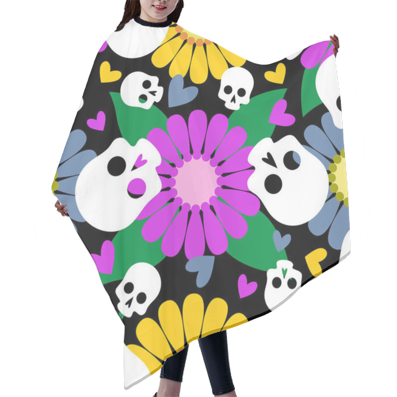 Personality  Geometric seamless pattern with the image of skulls, multi-colored flowers, hearts. Mexican day of the dead. hair cutting cape