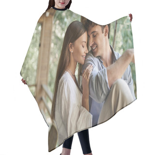 Personality  Smiling Brunette Woman In Sundress Hugging Boyfriend With Closed Eyes Near Vacation House Outdoors Hair Cutting Cape