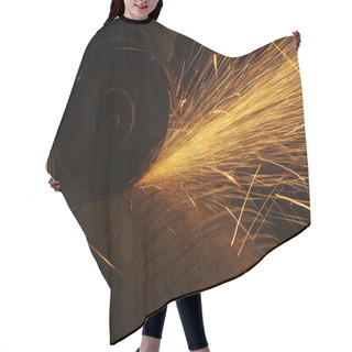 Personality  Metal Sawing. Hot Sparks At Grinding Steel Material. Hair Cutting Cape