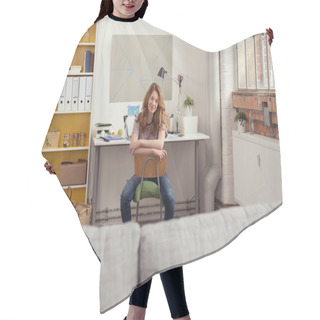 Personality  Smiling Blond Teen Girl Sitting At Her Study Room Hair Cutting Cape