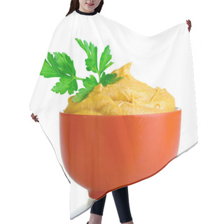 Personality  Mustard In Bowl And Parsley Isolated On White Hair Cutting Cape