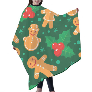 Personality  Seamless Pattern With Christmas Gingerbread Cookies And Holly Berry. Flat Design. Design Element For Gift Wrap Or Fabric. Hair Cutting Cape
