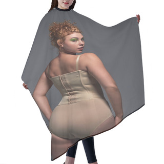 Personality  Back View Of Curvaceous Redhead Woman In Beige Lingerie Looking At Camera On Dark Grey Backdrop Hair Cutting Cape