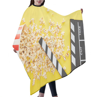 Personality  Top View Of Delicious Popcorn Scattered On Yellow Background With Clapper Board Hair Cutting Cape
