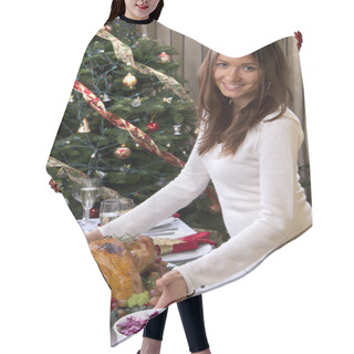 Personality  Woman Serve Roasted Turkey Chicken For Family Christmas New Year Hair Cutting Cape