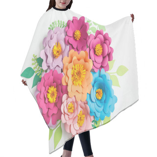 Personality  Top View Of Colorful Paper Flowers And Green Leaves On Grey Background Hair Cutting Cape