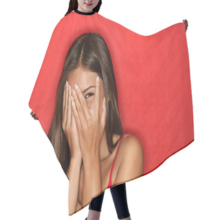 Personality  Playful Shy Woman Hiding Face Laughing Hair Cutting Cape