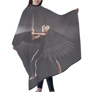 Personality  Beautiful Angry Woman In Warrior Costume With Angel Wings Holding Sword And Posing On Black Background Hair Cutting Cape