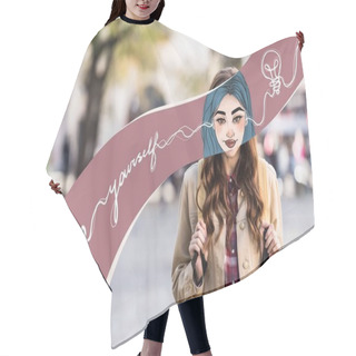 Personality  Girl With Illustrated Face And Backpack In City, Free Yourself Illustration Hair Cutting Cape