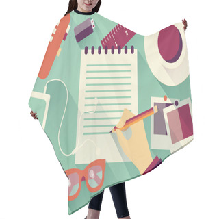 Personality  Writing Into Notebook Background With Coffee, Photos, Glasses And Flash Drive, Vector Hair Cutting Cape