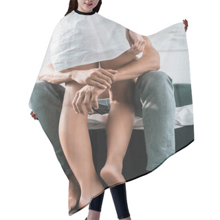 Personality  Cropped Shot Of Man Embracing His Girlfriends Legs While Sitting On Bed Hair Cutting Cape